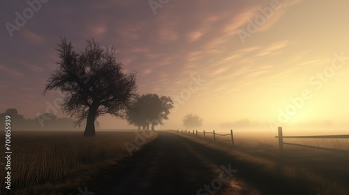 Mystical Morning  Enchanting Foggy Country Road with Majestic Tree Silhouettes - Captivating Stock Image