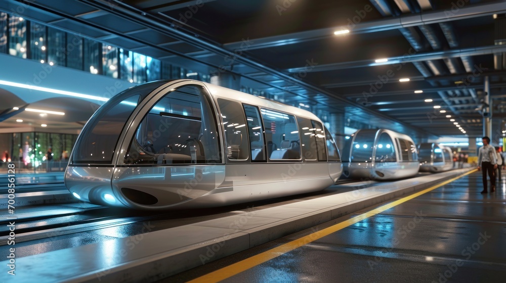 Futuristic urban transportation system with high-tech vehicles Futuristic urban transportation system with high-tech vehicles