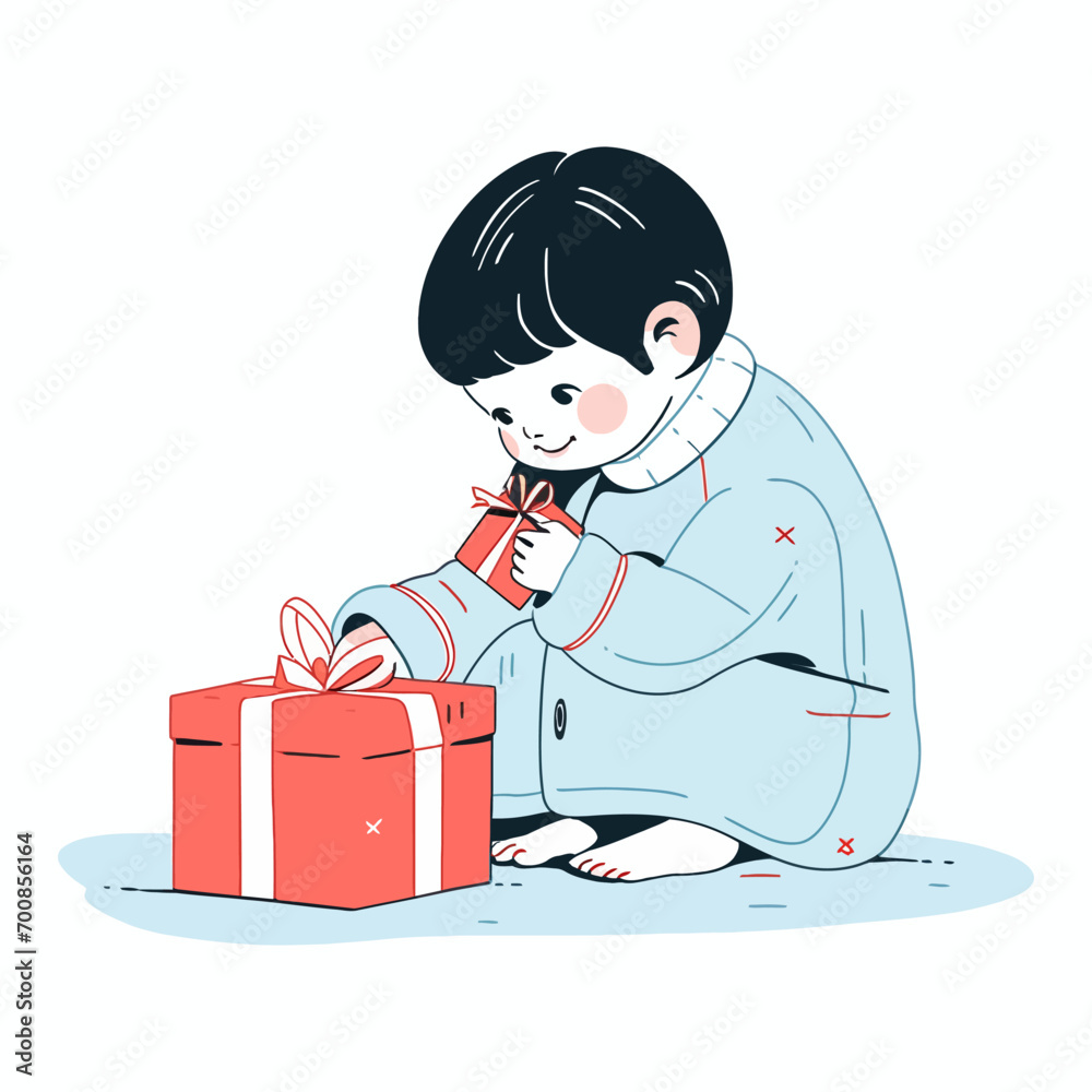 A child eagerly unwrapping a present on Christmas morning, vector illustration A child eagerly unwrapping a present on Christmas morning, vector illustration