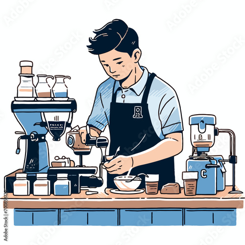 A barista creating latte art in a bustling café, vector illustration