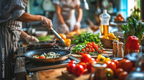 Gourmet cooking class in a professional kitchen with diverse participants