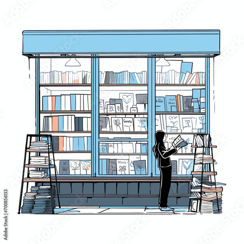 A bookseller arranging a window display in an old bookstore, vector illustration