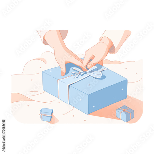 A child eagerly unwrapping a present on Christmas morning, vector illustration