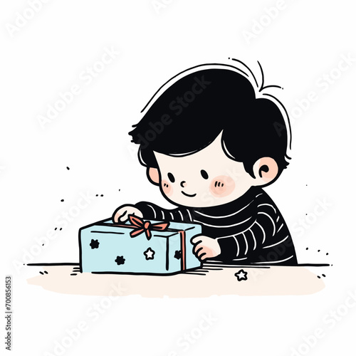 A child eagerly unwrapping a present on Christmas morning, vector illustration