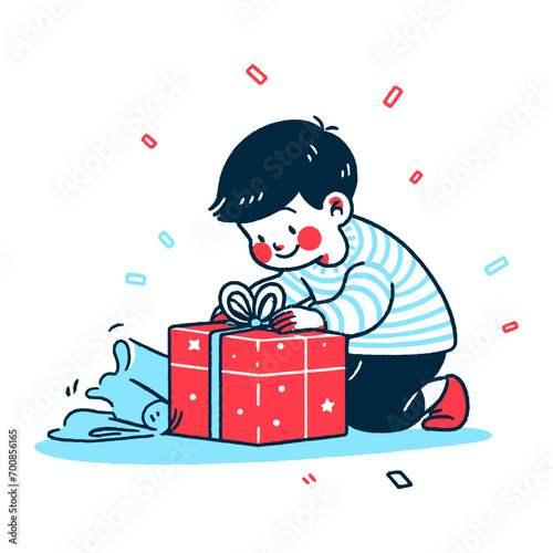 A child eagerly unwrapping a present on Christmas morning, vector illustration