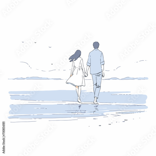 A couple walking hand in hand on a serene beach, vector illustration