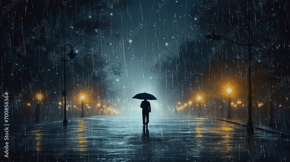 Obraz premium Dancing in the Rain: Embracing Life's Storms with Grace and Resilience - Captivating Stock Image of a Silhouette Holding an Umbrella in a Downpour, Raindrops Glistening under Streetlights