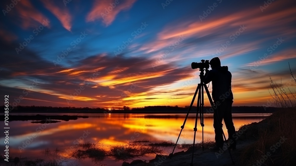 Golden Hour Glory: Silhouette Photographer Capturing Majestic Sunset with Tripod-mounted Camera, Embracing the Vibrant Colors of Dusk Sky