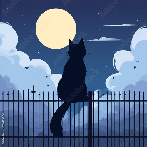 A black cat sitting on a fence, its silhouette stark against the moonlit sky. Vector illustration.