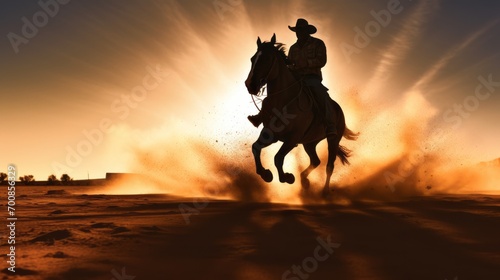 Golden Dawn: Majestic Horse and Rider Silhouette Embracing the Morning Sun, Leaving a Trail of Dust in Their Wake
