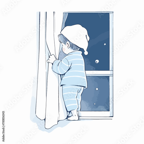 A child in pajamas waiting by the window, eager for a first glimpse of Santa Claus on Christmas Eve.