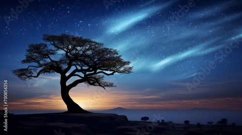 Solitude's Symphony: Majestic Lone Tree Silhouette on Hilltop Under a Starry Night Sky - A Captivating Image of Contemplation and Serenity