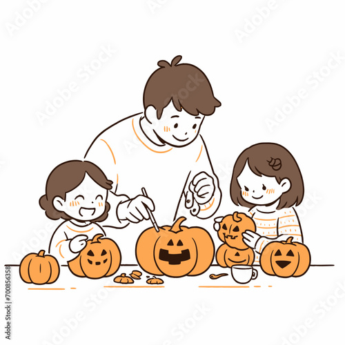A family carving pumpkins together, with excited anticipation for Halloween night. Vector illustration
