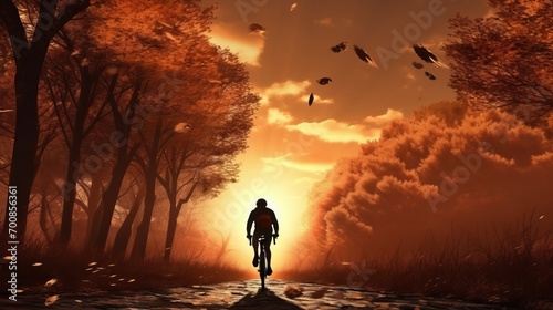 Autumn Serenity: Captivating Cyclist Silhouette Embracing Nature's Beauty in the Golden Hour