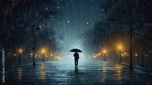 Dancing in the Rain: Embracing Life's Storms with Grace and Resilience - Captivating Stock Image of a Silhouette Holding an Umbrella in a Downpour, Raindrops Glistening under Streetlights