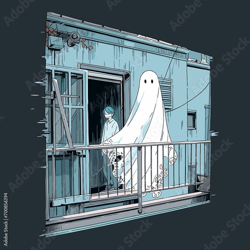 A ghostly figure appearing at the window of an abandoned house on a chilling Halloween night. Vector Illustration.