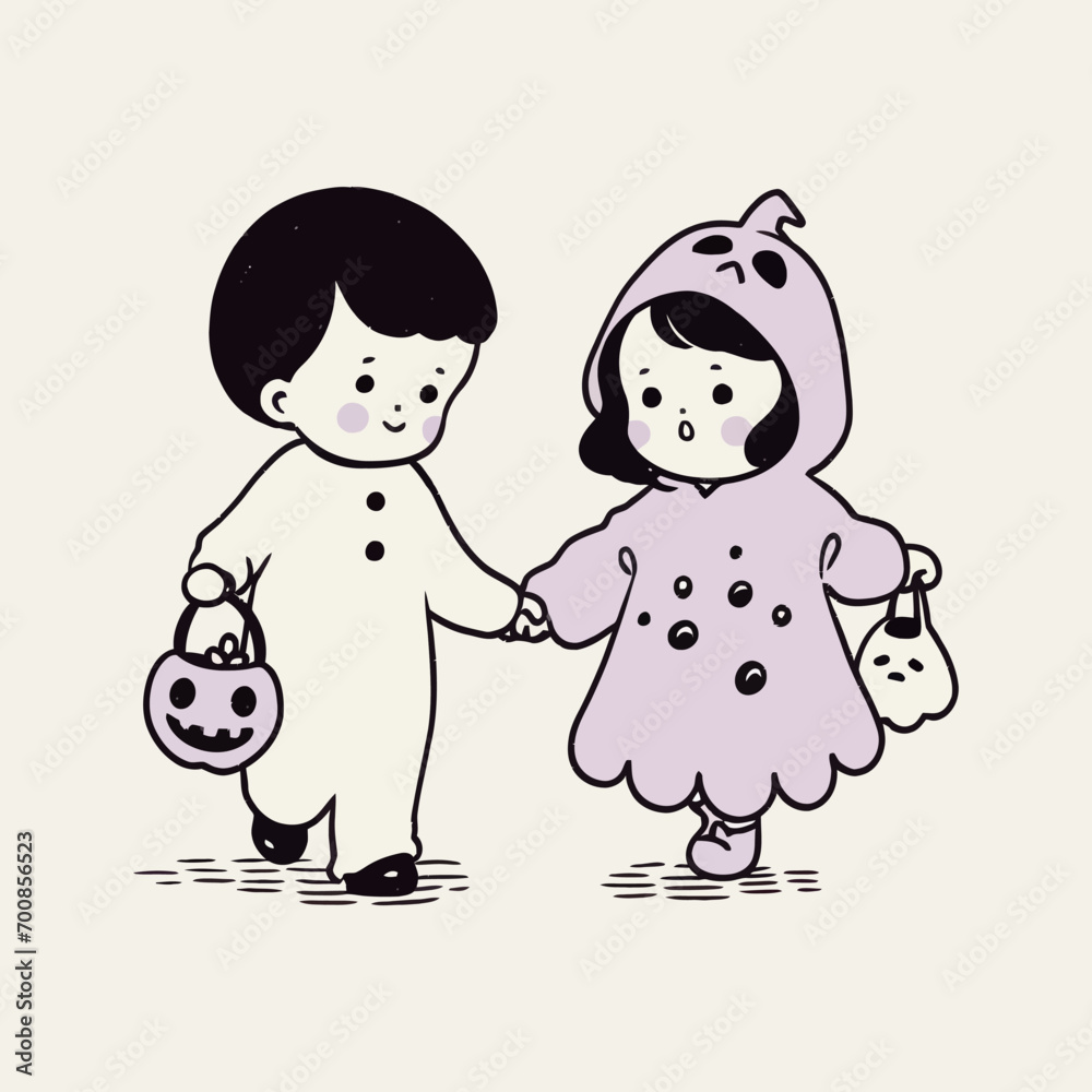 Children trick - or - treating in homemade costumes on a crisp Halloween night. Vector Illustration. Children trick - or - treating in homemade costumes on a crisp Halloween night. Vector Illustration.