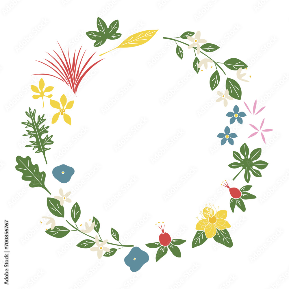 Naklejka premium 花と葉っぱのリースフレーム、円形フレーム、植物のデコレーションフレーム