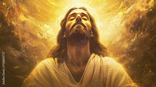 Peaceful illustration of Jesus in meditation, his face reflecting inner peace and divine connection, surrounded by a soft, celestial glow.