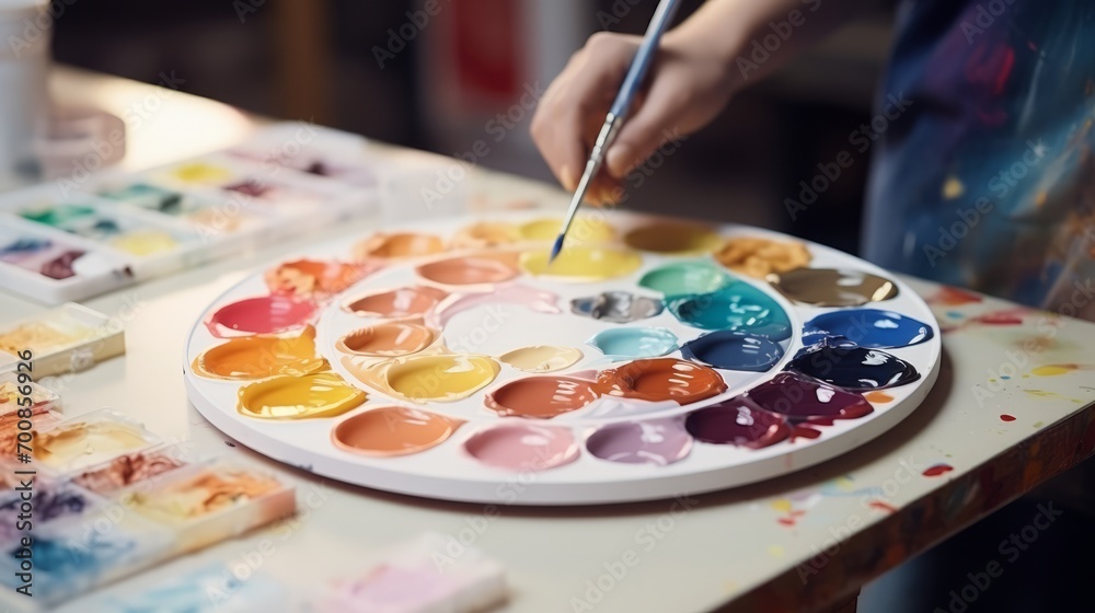 Vibrant Artistry: Masterful Hands Blend Custom Paint Colors on Palette in Inspiring Art Studio Vibrant Artistry: Masterful Hands Blend Custom Paint Colors on Palette in Inspiring Art Studio