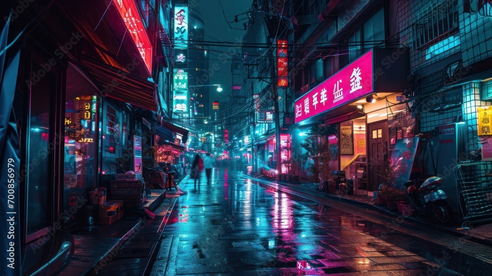 Vibrant city nightlife scene with colorful neon lights and bustling streets