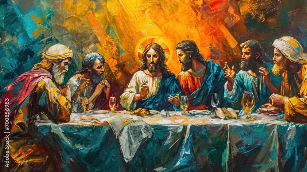 Vibrant depiction of a biblical scene with Jesus and the apostles at ...