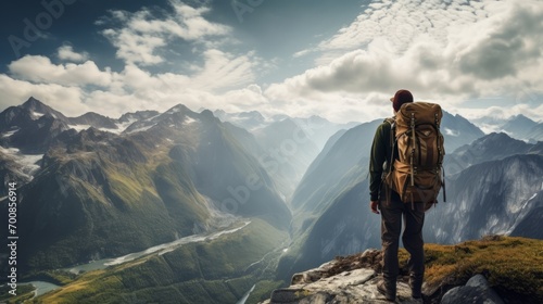 Unveiling Nature's Majesty: Inspiring Mountain Guide Gazing at Breathtaking Scenic Vista