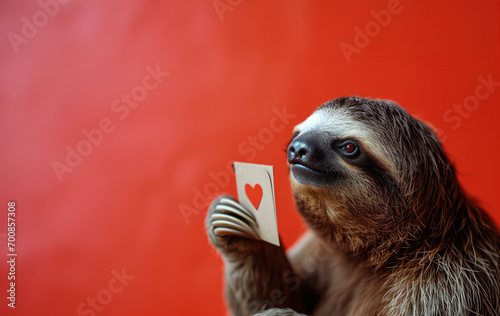 a cute sloth holding a valentines day envelope with a heart on it