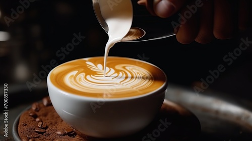 Artistry in Motion: Captivating Closeup of Barista's Hands Crafting Perfect Coffee Art with Steamed Milk