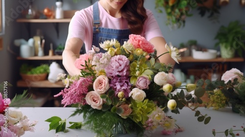 Blooming Artistry  Skilled Florist s Hands Weave a Kaleidoscope of Vibrant Blooms into a Mesmerizing Bouquet