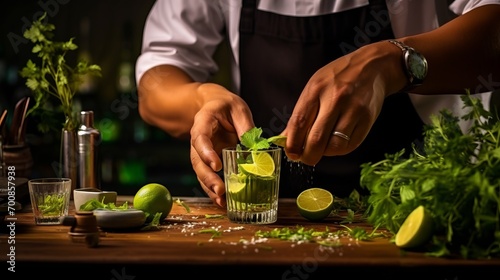 Artistry in Motion: Mixologist's Hands Masterfully Craft a Vibrant Cocktail with Fresh Herbs and Spices photo