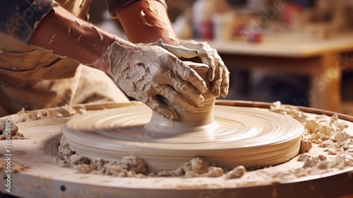Masterful Creation: Captivating Hands Sculpting Wet Clay on a Spinning Potter's Wheel - Unleashing Artistic Brilliance and Craftsmanship