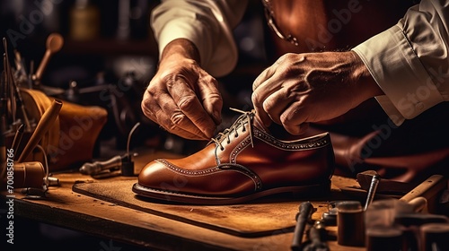 Masterful Artistry: Skilled Cobbler's Hands Revive Leather Shoe with Time-Honored Tools
