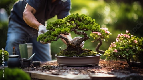Zen in Motion: Masterful Gardener Nurtures Serenity with Pruned Bonsai Tree in Tranquil Garden