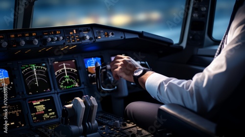 Commanding the Skies: Captivating Pilot's Hands on the Controls of a Commercial Airliner - Empowering Aviation Excellence and Precision photo
