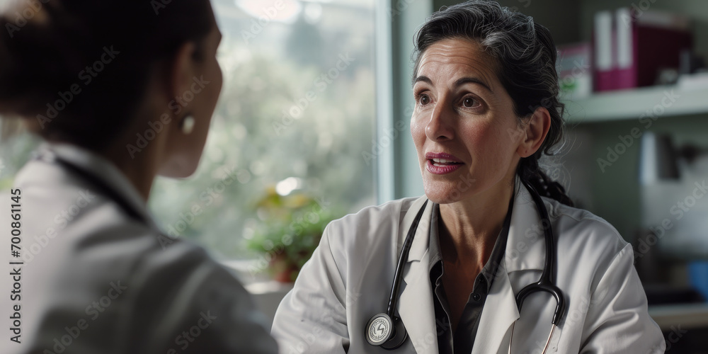 Portrait of woman doctor talks to patient at the hospital