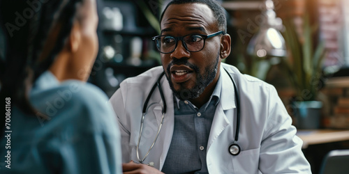 Portrait of African American man doctor talking to patient at the hospital photo
