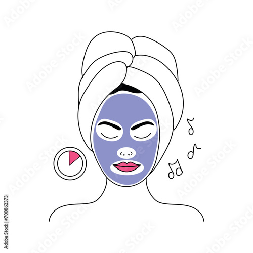 Young woman with cosmetic mask on her face against white background