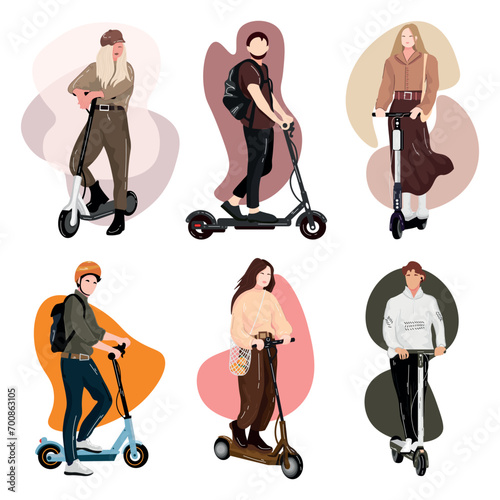 Set of stylish young people with electric kick scooters on white background