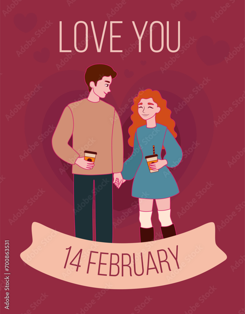 Greeting card for Valentine's Day with loving couple on pink background Greeting card for Valentine's Day with loving couple on pink background