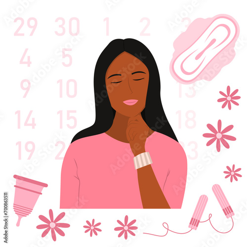 Woman with menstrual calendar and different means of feminine hygiene on white background