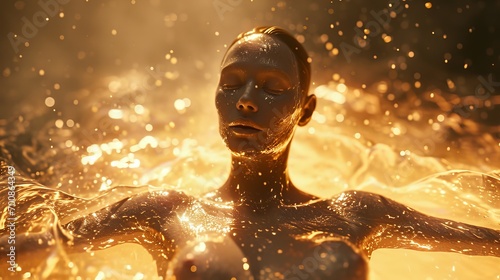 Golden Liquid Splash Around a Silhouetted Figure Of A Super-Woman with Obscured Face Amidst Sparkling Droplets photo