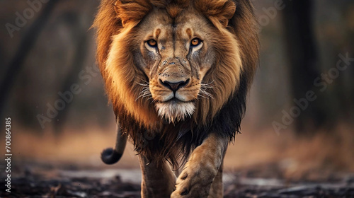 Foto Male lion walking looking straight at the camera, national wildlife day