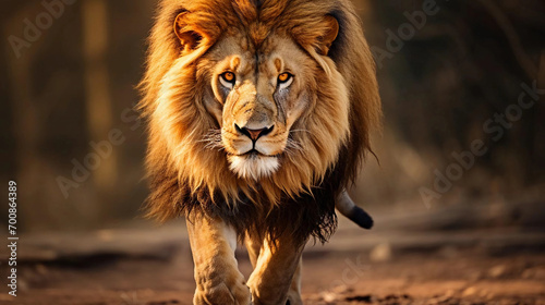 Male lion walking looking straight at the camera  national wildlife day