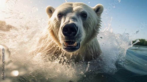 a close up of a polar bear emerging from the water, national wildlife day © Cosmic Edge