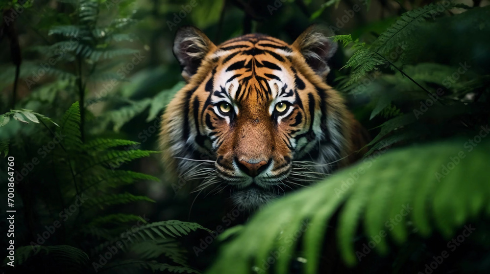 Portrait of a tiger hiding in jungle leaves staring right at the camera, national wildlife day Portrait of a tiger hiding in jungle leaves staring right at the camera, national wildlife day