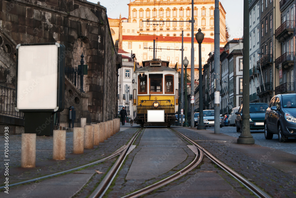 Fototapeta premium Downtown Tram City Mockup