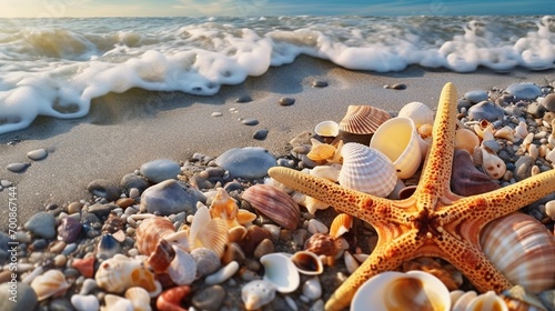 Seashells and starfish on the beach. Summer background © andri