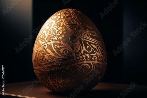 Luxury golden Easter egg with circular patterns on a card. Generative AI
