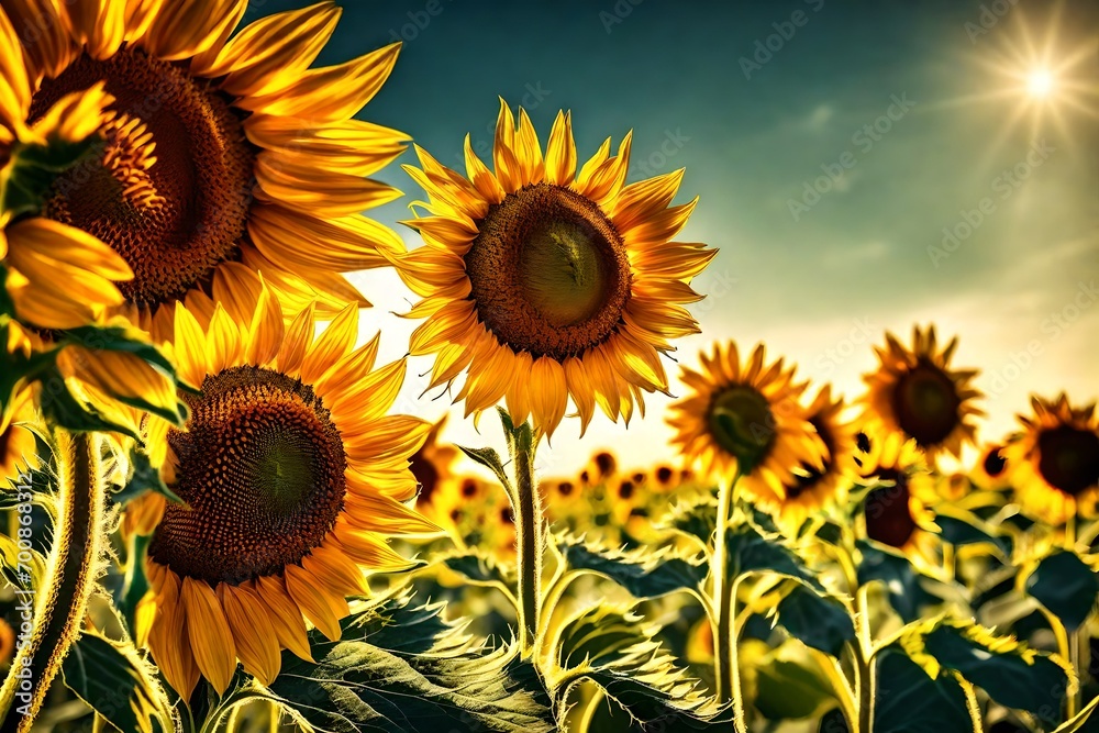 Close-up of a sunflower field in full bloom, radiating joy through the Valencia filter.